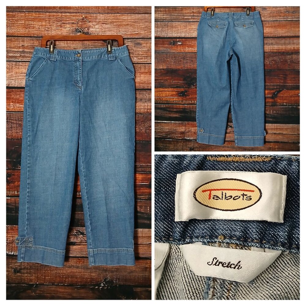 Talbots Capri Jeans 12 Strap Cuff Blue Denim Stretch Slash Pockets